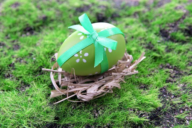 Uovo di Pasqua nel nido su sfondo verde erba