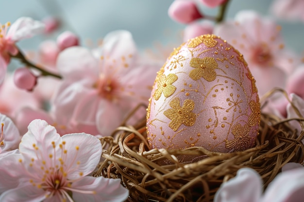 Uovo di Pasqua rosa luccicante con disegno dorato nel nido tra i fiori rosa primaverili sul ramo dell'albero