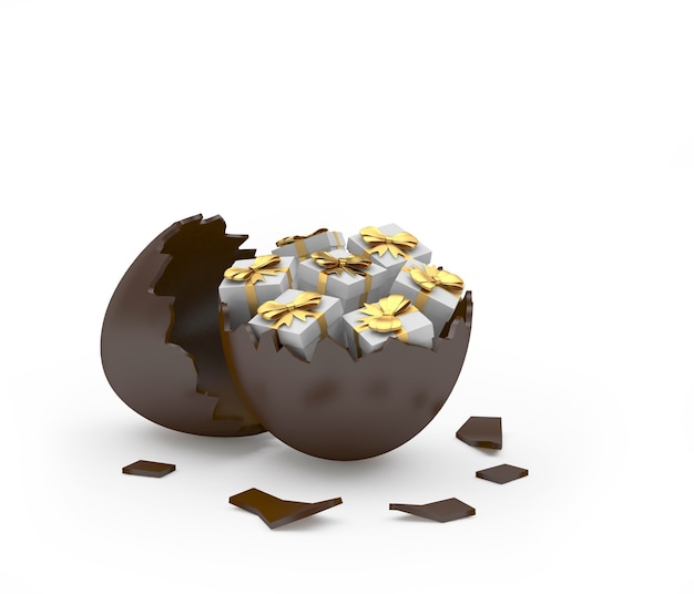 Uovo di Pasqua rotto al cioccolato con scatole regalo