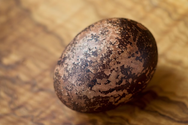 Uovo di Pasqua tinto multicolore con le ombre Uovo marrone di Pasqua su un primo piano del bordo di legno