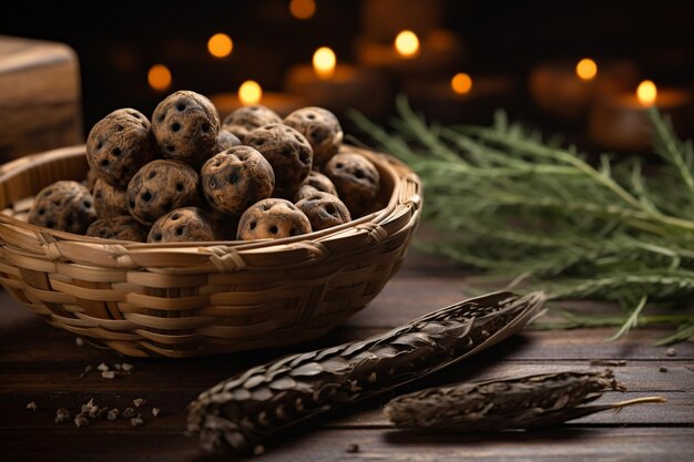 Uovo di quaglia in un cesto di legno con rami di salice freschi e un rotolo di flagello