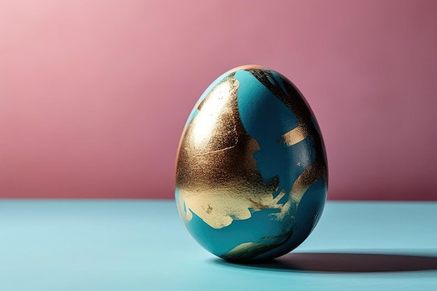 Uovo dipinto di blu e oro su un tavolo IA generativa