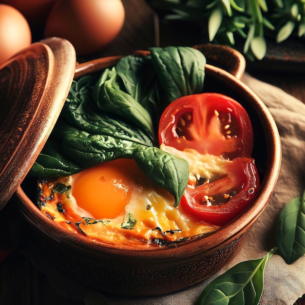 uovo fresco al forno con spinaci e pomodoro