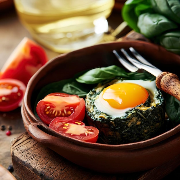 uovo fresco al forno con spinaci e pomodoro