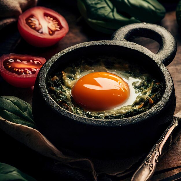 uovo fresco al forno con spinaci e pomodoro