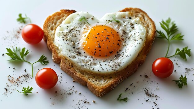 Uovo fritto su un toast a forma di cuore Colazione per il giorno di San Valentino Sfondio bianco