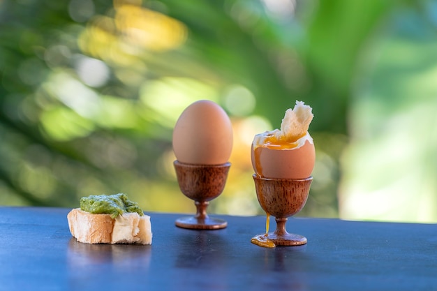 Uovo sodo morbido in portauovo con fetta di pane tostato su tavola di legno in fondo alla natura, primo piano