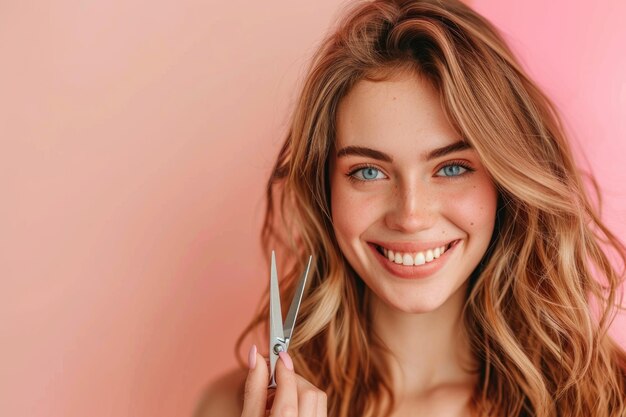 up di una giovane donna sorridente con capelli bellissimi tenere le forbici in una mano sullo sfondo rosa