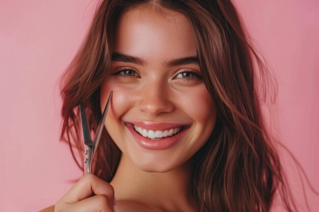 up di una giovane donna sorridente con capelli bellissimi tenere le forbici in una mano sullo sfondo rosa