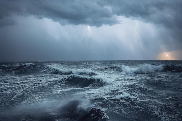 Uragano nel cielo nuvoloso con tuoni sul mare