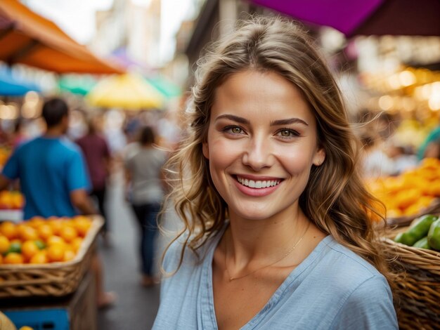 Urban Harvest Beauty Ritratto di una ragazza nel bel mezzo del trambusto di un mercato di verdure urbano che cattura la vitalità e la freschezza nel cuore della città