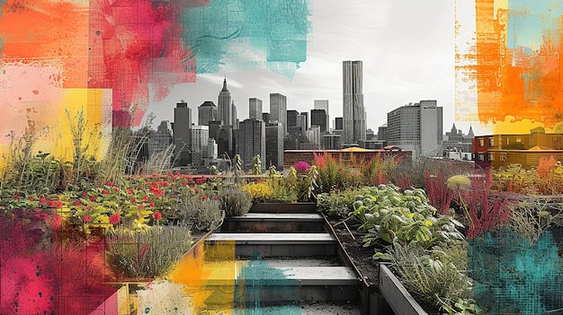 Urban Rooftop Garden e City Skyline Collage