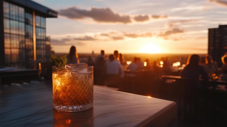 Urban Rooftop Lounge with Evening Cityscape