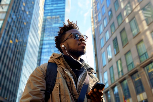 Urban Vibes Stylish Black Man passeggiando con cellulare e cuffie in Cityscape