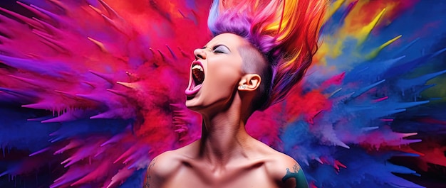 urla di una giovane femmina che indossa capelli mohawk colorati su uno sfondo rosa e viola nello stile