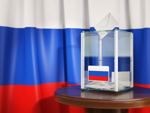 Urna con bandiera della Russia e schede di voto Elezioni presidenziali o parlamentari russe