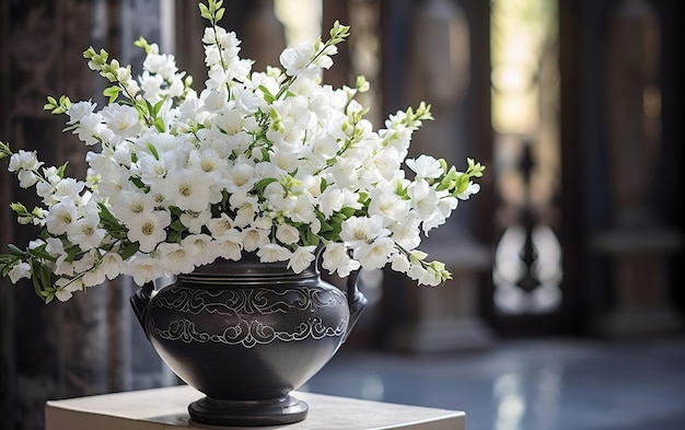 Urna con cenere nella chiesa con fiori bianchi