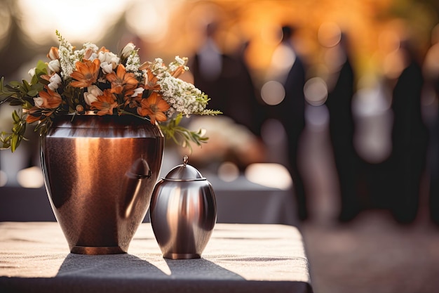 Urna funeraria ornata di fiori con persone in lutto che salutano il defunto