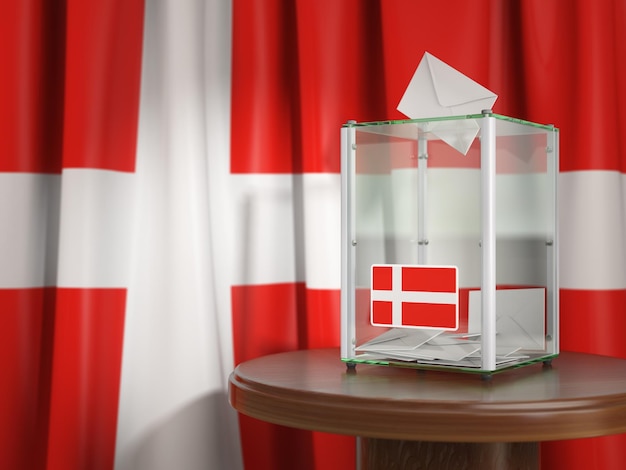 Urne con bandiera della Danimarca e schede di voto Elezioni presidenziali o parlamentari danesi