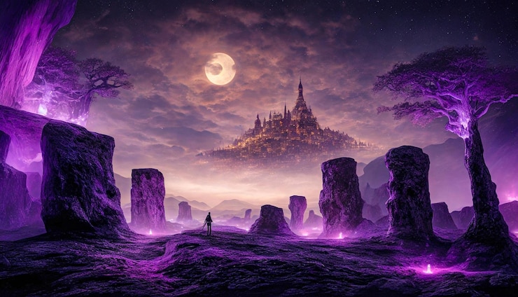 Foto urple light at night con immagini di paesaggi montani generati dall'ai