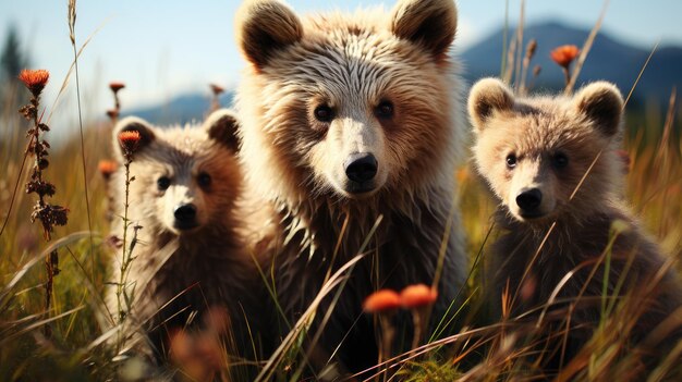 Ursus arctos, una mamma orsa, tiene d'occhio i suoi due cuccioli Una tenera madre e un giovane animaletto