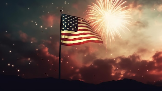 USA 4 luglio festa dell'indipendenza bandiera americana con fuochi d'artificio Generativo ai