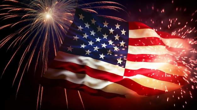 USA 4 luglio festa dell'indipendenza bandiera americana con fuochi d'artificio Generativo ai