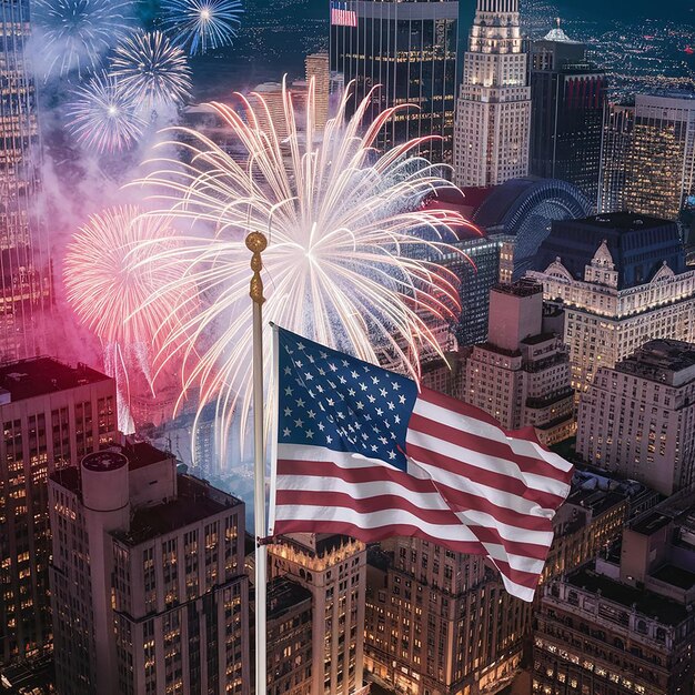 USA 4 luglio una bandiera sventola su una città con fuochi d'artificio sullo sfondo