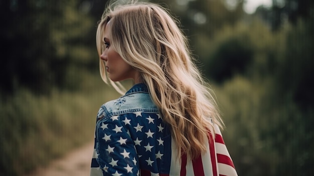 USA Donna patriottica con vista bandiera americana indietro