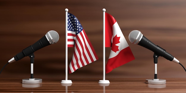 USA e Canada bandiere in miniatura Microfoni a cavo sfondo in legno banner illustrazione 3d