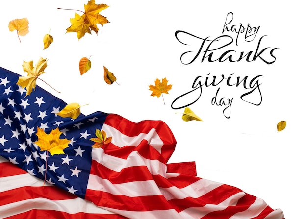 USA Giorno del Ringraziamento sventola bandiera su sfondo bianco.