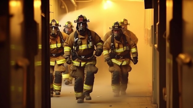 Usando l'IA generativa, i vigili del fuoco si precipitano attraverso il corridoio di un edificio in fiamme