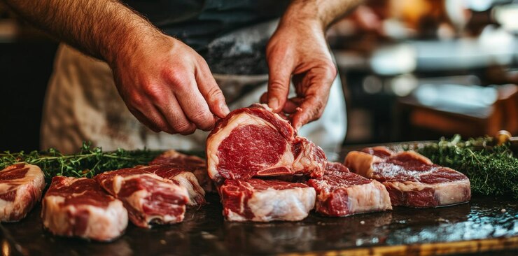 Usando un coltello un macellaio taglia un po' di carne su un taglio