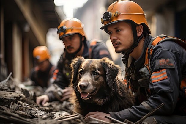 USAR Urban Search and Rescue insieme ai loro cani da ricerca e soccorso K9 si mobilitano per cercare i sopravvissuti al terremoto tra le macerie di un edificio crollato Generato con l'intelligenza artificiale