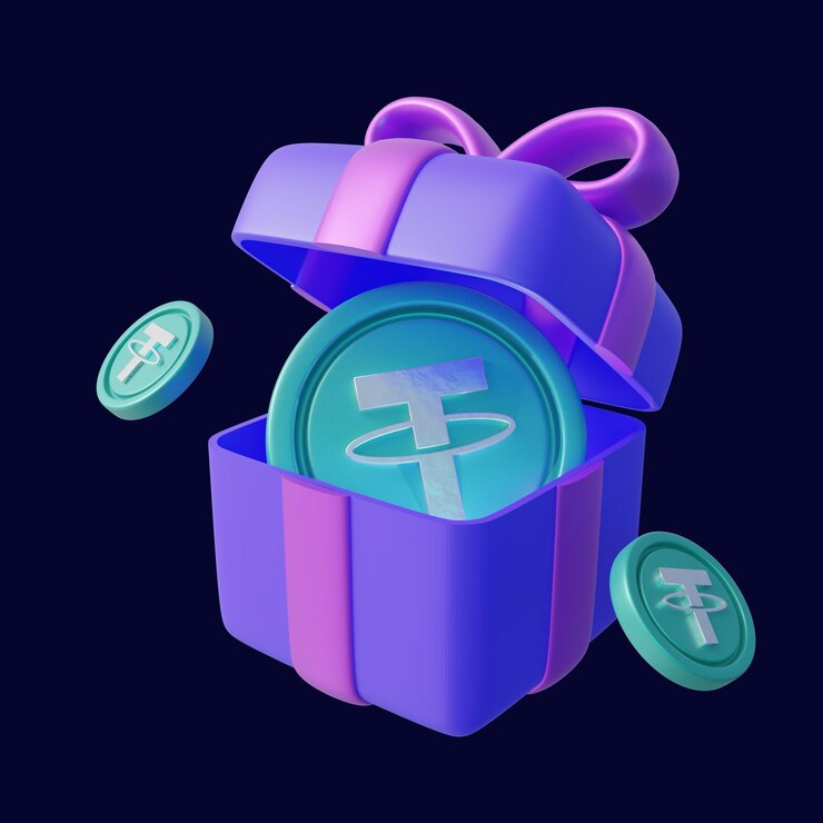 USDT nella confezione regalo isolata su sfondo scuro Illustrazioni 3d della valuta crittografica USDT