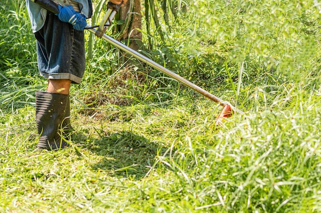 uso dell'agricoltore falciatura dell'erba tagliata lavoro all'aperto in giardino giorno estivo uno strumento per l'uso del lavoro da parte di una persona