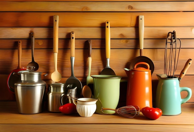 Utensili da cucina d'epoca su un tavolo di legno