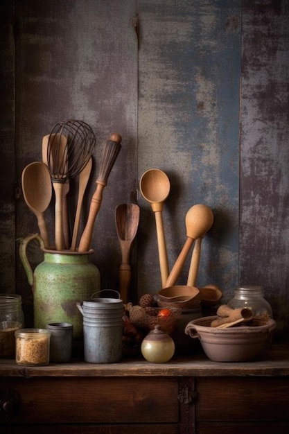 Utensili da cucina in legno vintage su tavola rustica creati con ai generativa