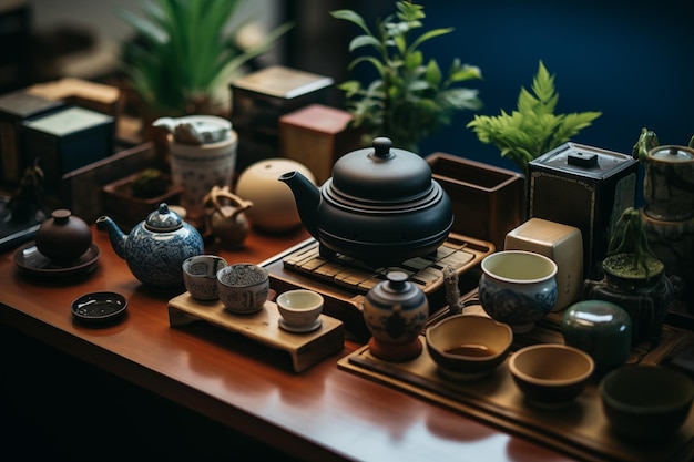 Utensili tradizionali della cerimonia del tè giapponese disposti in modo ordinato AI generativa
