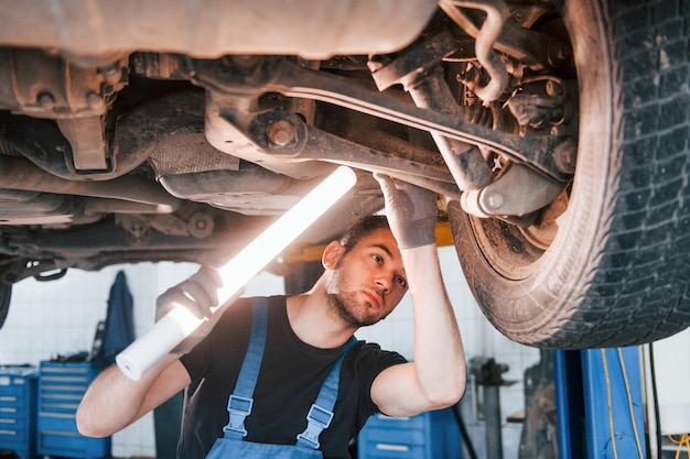 Utilizza apparecchiature di illuminazione L'uomo in uniforme da lavoro ripara l'automobile bianca all'interno Concezione del servizio automobilistico