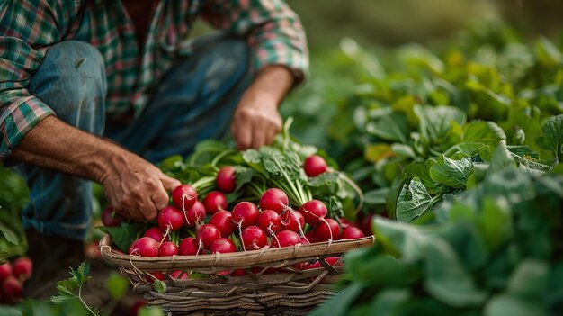 Utilizzando foglie prelevate dal terreno agricolo un contadino sta raccogliendo radisi rossi coltivazione e spazio Generativa AI