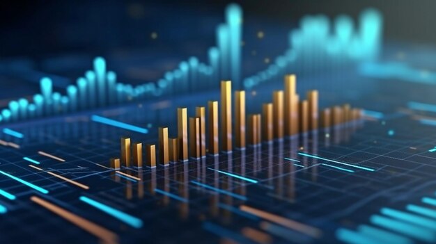 Utilizzando grafici di grafici finanziari digitali e rappresentazione 3D viene mostrata un'immagine prospettica della crescita del mercato azionario, degli investimenti delle società e dell'idea dei dati GENERATE AI