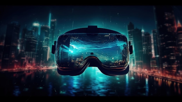 Utilizzando l'auricolare VR sullo sfondo della città doppia esposizione ai generativa