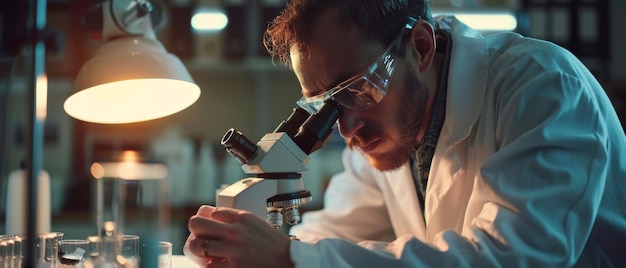 Utilizzando un microscopio uno scienziato maschio scrive i dettagli dell'analisi di un test Immagine di un moderno laboratorio di ricerca medica