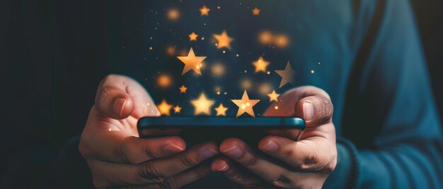 Utilizzando uno smartphone un uomo d'affari commenta 5 stelle Ottima esperienza di valutazione aziendale Valutazione di soddisfazione