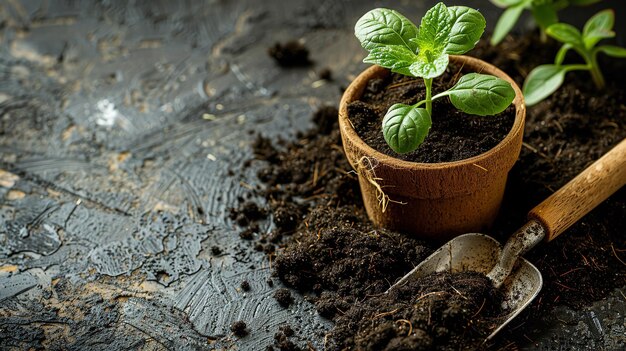 Utilizzare attrezzature di potatura per mettere una piccola pianta in cima a un tumulo di rastrello di terra e spazio Generativa AI