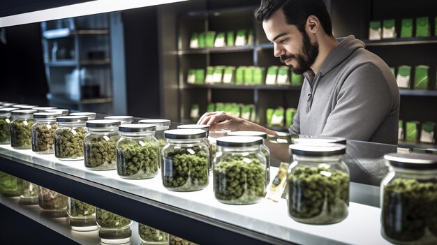 Utilizzatore di cannabis medicinale che seleziona prodotti in un dispensario AI Generato