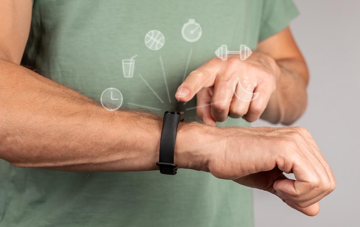 Foto utilizzo del braccialetto fitness fitbit come contapassi, misurazione del polso, controllo del sonno e dell'allenamento dispositivo sportivo palestra smartwatch fascia salute primo piano