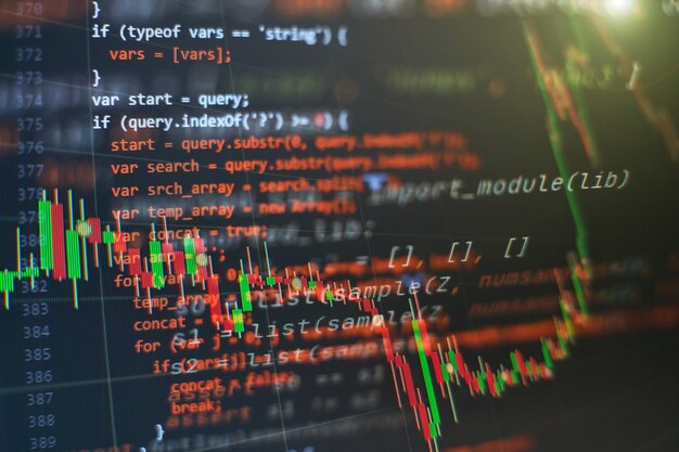 Utilizzo di CSS, JavaScript e HTML. Monitorare il primo piano del codice sorgente della funzione. Priorità bassa astratta di tecnologia dell'IT. Codice sorgente del software.