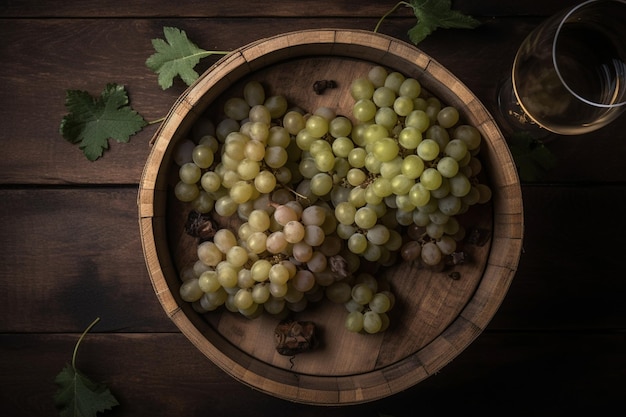 Uva bianca su una vecchia botte di vino in legno Vista dall'alto piatta con spazio per la copia